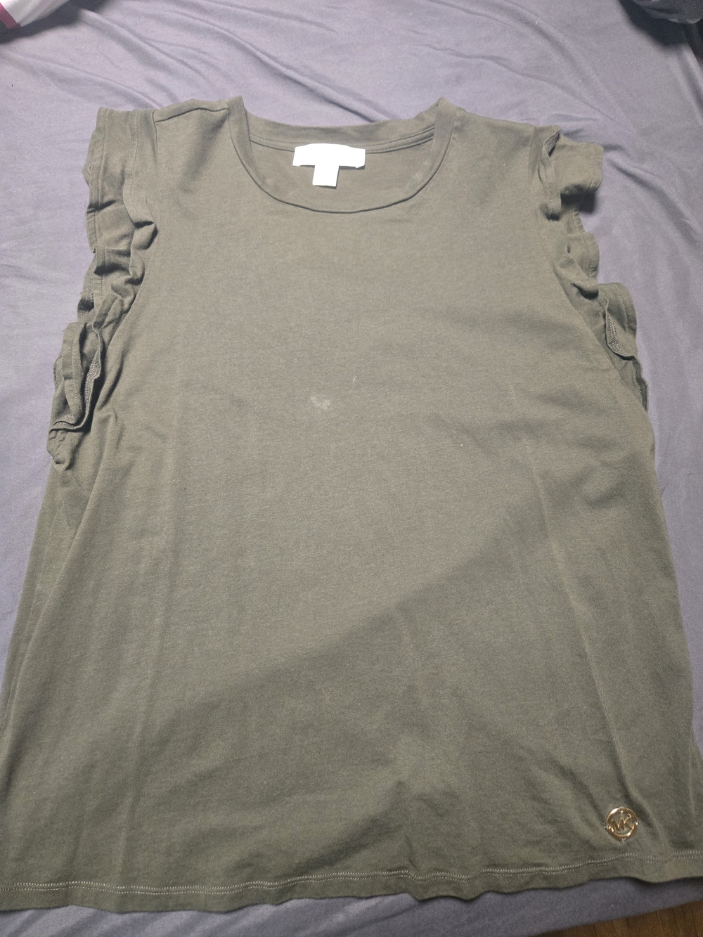 Michael Kors Olive Ruffle Sleeve Tee with Gold Logo